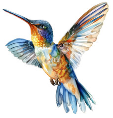 Obraz premium Watercolor hummingbird, blue and yellow body with iridescent wings, white background