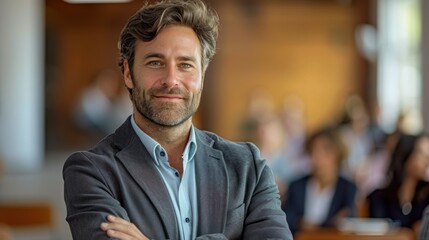 Fototapeta premium Confident man in professional attire smiles as he stands with folded arms in front of a blurred background featuring people in an office setting