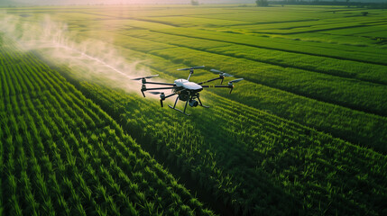 Agriculture drone fly to sprayed fertilizer on the rice fields