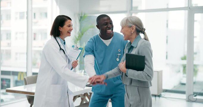 Healthcare, support and people with hands together in hospital for teamwork, motivation and solidarity. Medical professional, diversity and gesture with success for partnership, celebration and unity