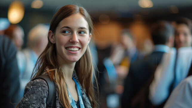 a young professional attending a conference, eager to learn and network with industry experts