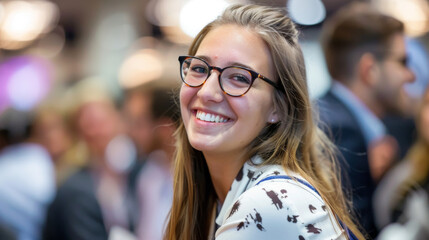 a young professional attending a conference, eager to learn and network with industry experts