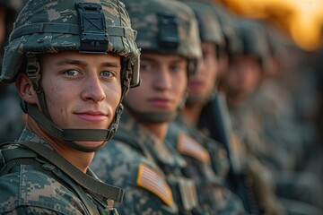 Fototapeta premium Group of military personnel in uniform sitting together, focusing on one young soldier smiling and making eye contact with the camera