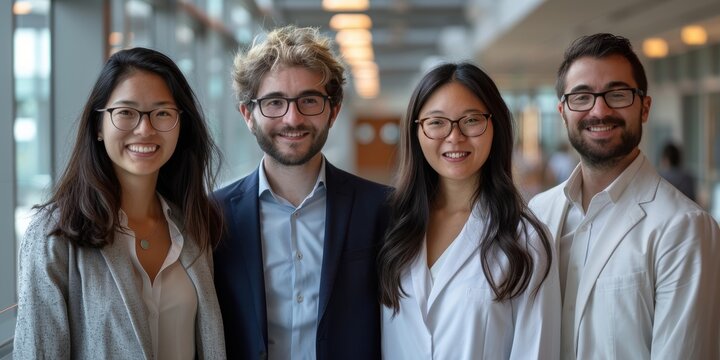Four professionals posing together in a modern office hallway, expressing confidence and camaraderie, which shows they may be colleagues or collaborators in a work environment