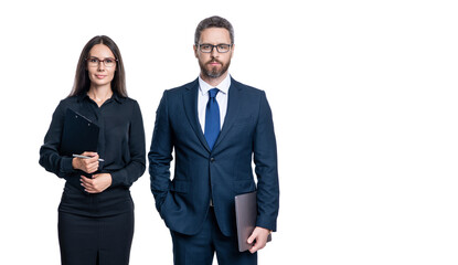 successful businesspeople. business coworkers isolated on white. two businesspeople in formal suit. ambitious businesspeople support. professional business leader with manager. business team