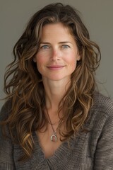 Fototapeta premium Portrait of a smiling woman with natural wavy hair wearing a gray sweater and necklace featuring a pendant against a plain background