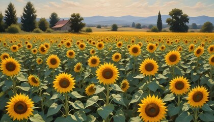 Fototapeta premium Sunflowers in various stages of bloom, creating a dynamic and textured landscape.