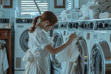 Young woman in bathrobe looking at washing machine in laundromat, Ai generated