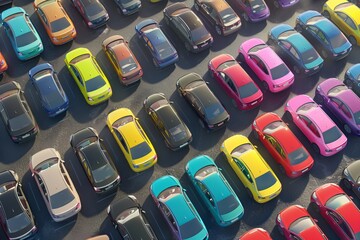 Fototapeta premium Top view of a parking lot with colorful cars.