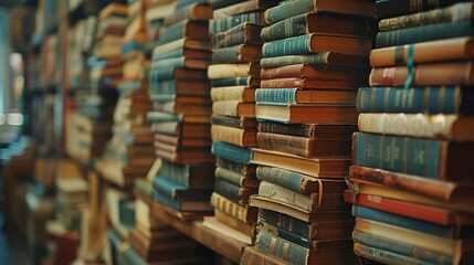 Fototapeta premium Stacks of Vintage Books on Wooden Shelves