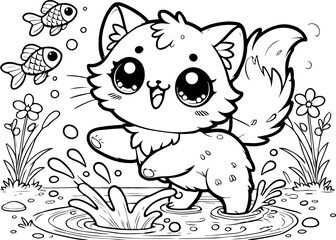 Fototapeta premium Chat ou chaton dessin kawaii au trait pour page et ou livre de coloriage pour enfant, adulte, trait noir vecteur totalement isolé du fond pour conception personnalisée 
