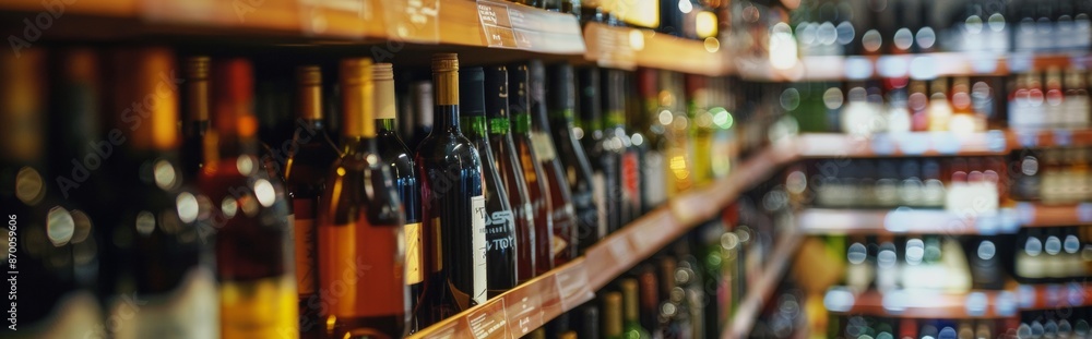 Poster close-up of wine bottles on a shelf in a wine store