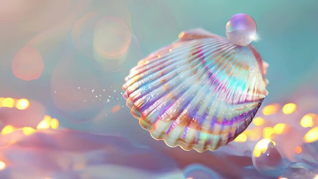 Radiant seashell with iridescent colors and bokeh lights