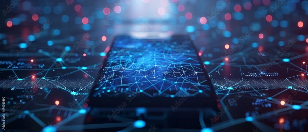 Poster smartphone with digital technology data communication network and telecommunication concept