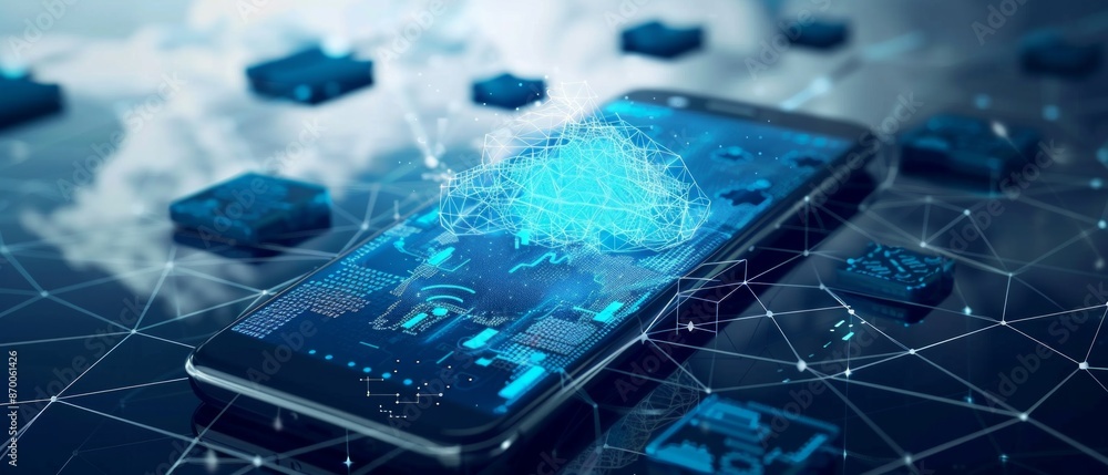 Poster smartphone with digital technology data communication network and telecommunication concept