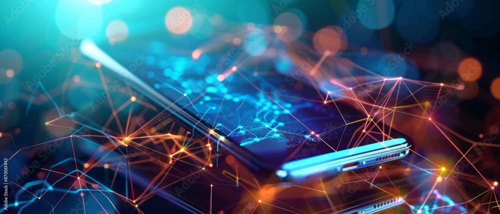 Poster smartphone with digital technology data communication network and telecommunication concept