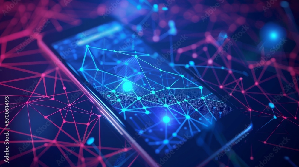 Poster smartphone with digital technology data communication network and telecommunication concept