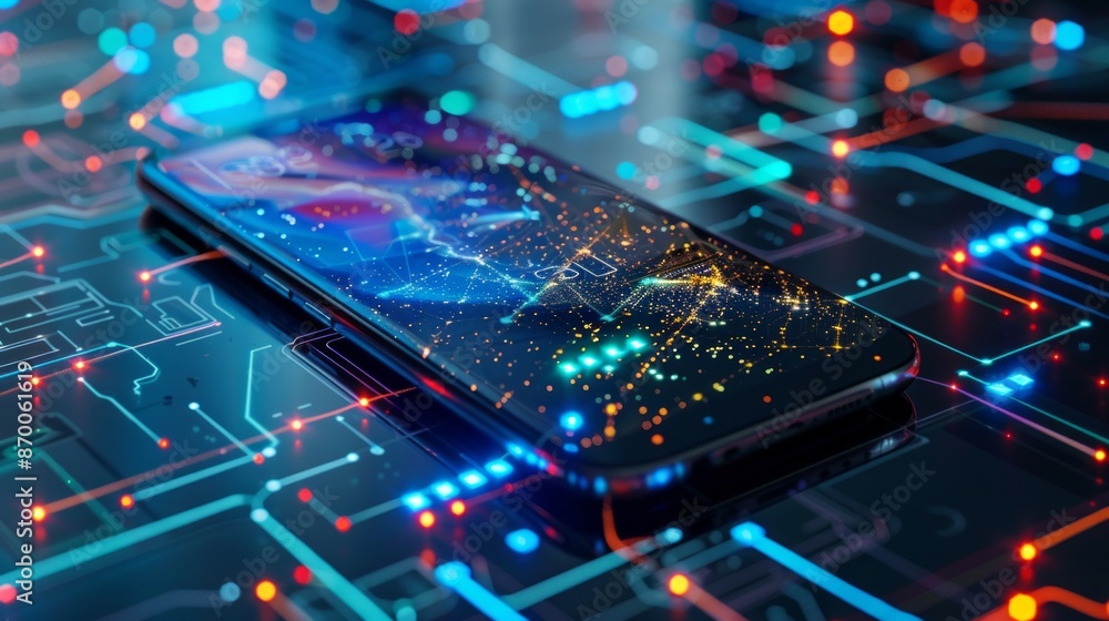 Poster smartphone with digital technology data communication network and telecommunication concept