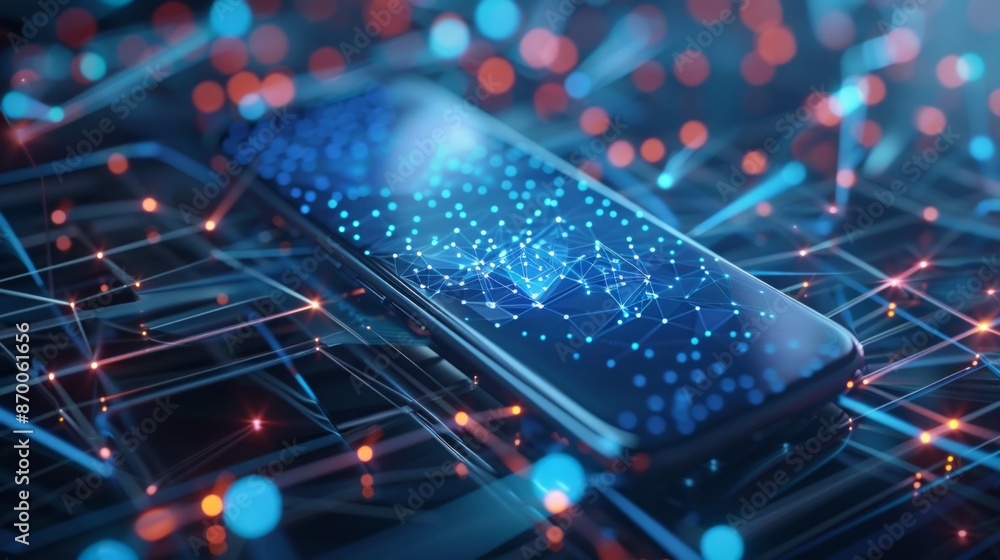 Poster smartphone with digital technology data communication network and telecommunication concept