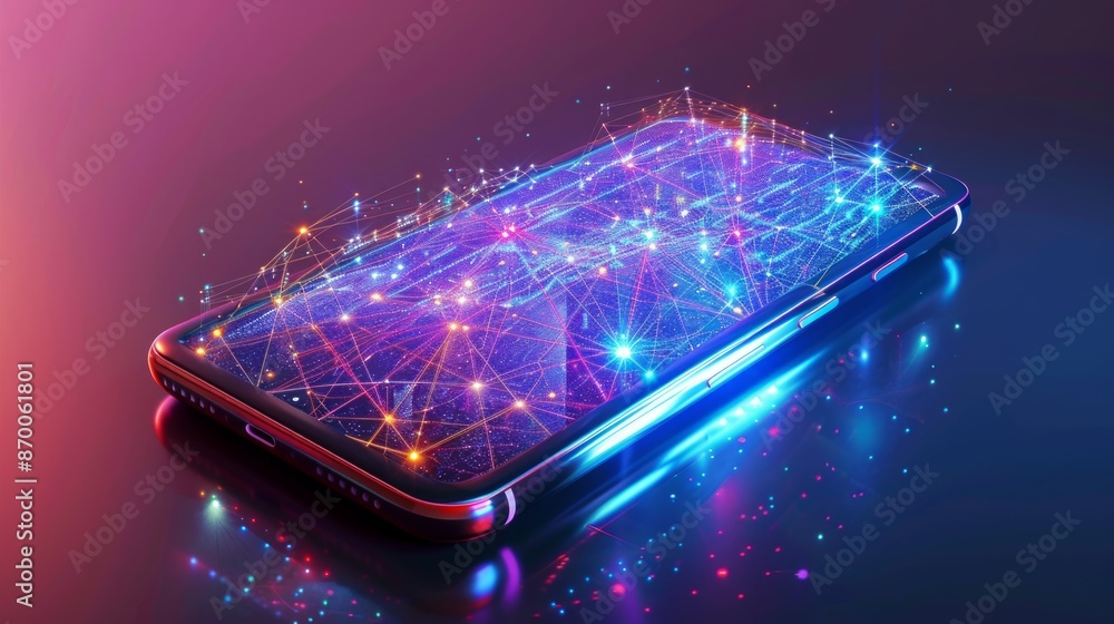 Poster smartphone with digital technology data communication network and telecommunication concept