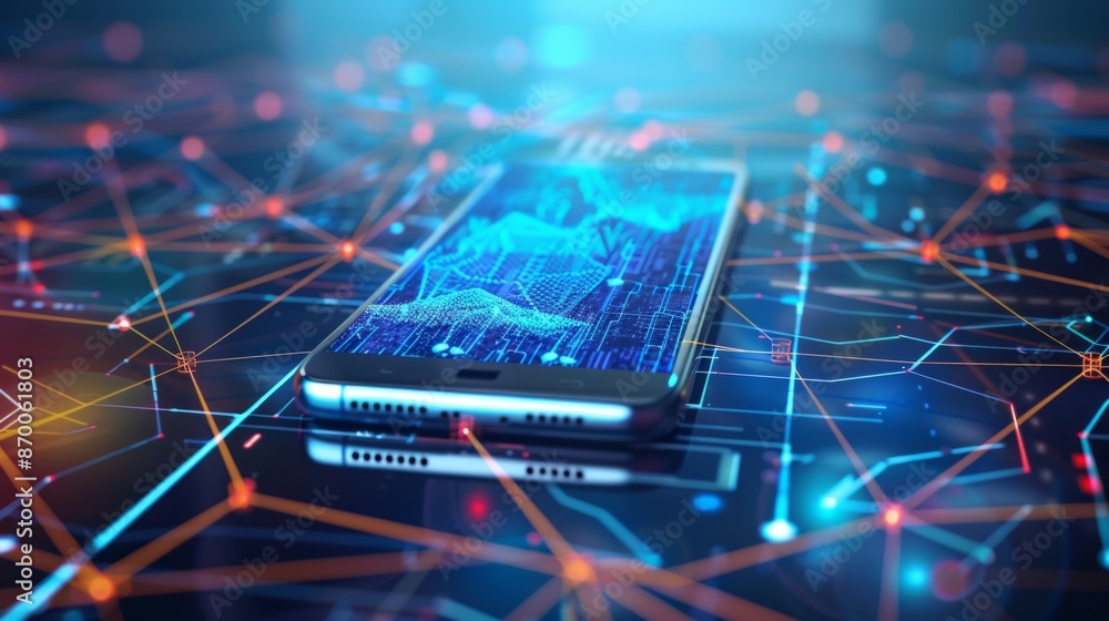 Poster smartphone with digital technology data communication network and telecommunication concept