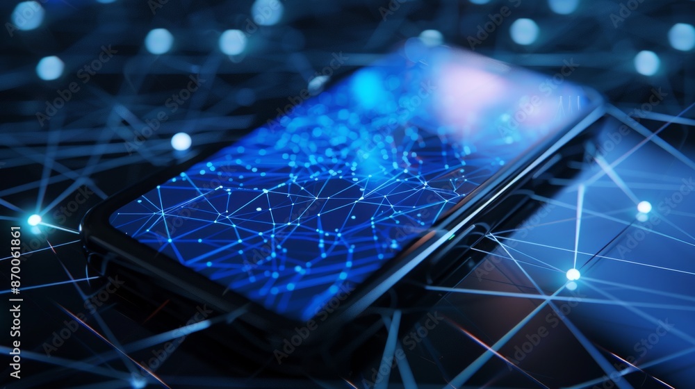 Poster smartphone with digital technology data communication network and telecommunication concept