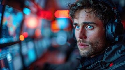 Obraz premium A focused individual wearing headphones is intently monitoring multiple computer screens in a high-tech control room with vibrant, illuminated displays