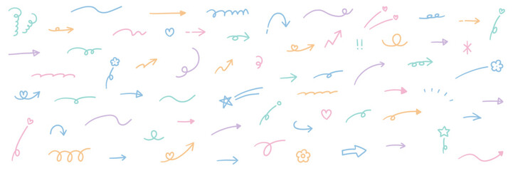 手書きの矢印と飾りのアイコンのベクターイラストセット　星　やじるし　ハート　装飾　手描き　キラキラ