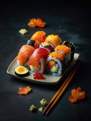 sushi rolls on a wooden tray