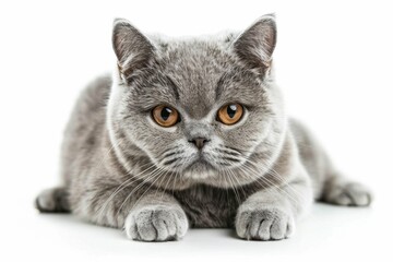 Obraz premium British shorthair cat lying down on white background isolated, relaxing in a tranquil setting