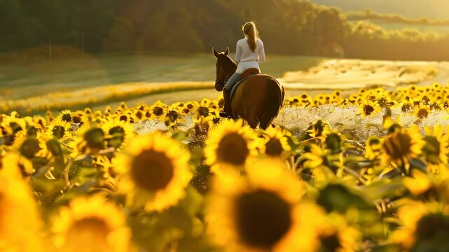 Woman riding horse through sunny sunflower field