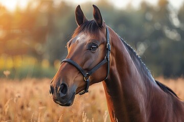 Obraz premium A majestic brown horse with a black mane and bridle standing in a sunlit field with blurred background on a serene and tranquil afternoon