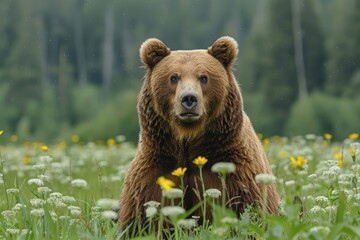 Obraz premium A majestic brown bear standing amidst a beautiful meadow of white and yellow wildflowers, with a lush green forest in the background, capturing the essence of nature's serene beauty