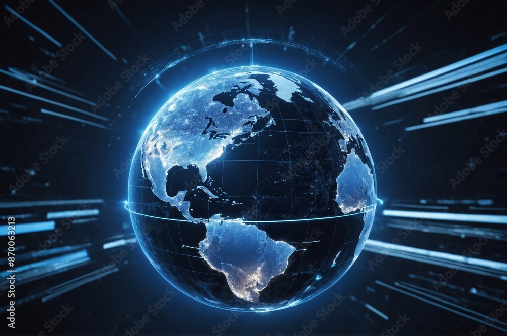 Wall mural digital globe with glowing blue outline and grid surrounded lines of light on dark background