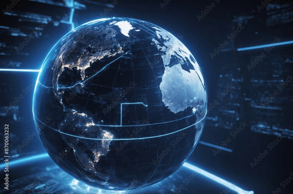 Wall mural earth globe in digital interface with glowing blue lines concept connectivity and data flow