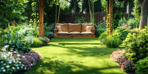 Cozy wooden swing in green backyard garden for landscaping.