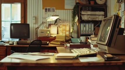 A nostalgic office scene featuring vintage technology, including old computers, typewriters, and paper files, evoking a sense of retro business work environment