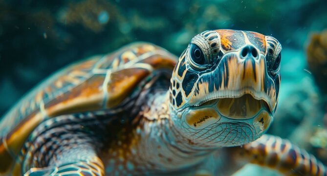 Close-Up of a Sea Turtles Face Underwater