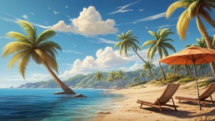 Summer Background Tranquil Beach Scene with Palm Trees and Sailboats Under a Clear Sky