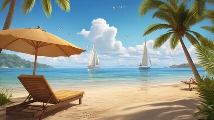 Summer Background Tranquil Beach Scene with Palm Trees and Sailboats Under a Clear Sky
