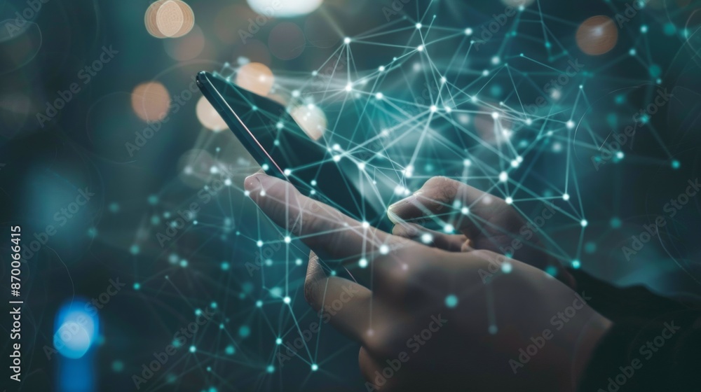 Poster hand using smartphone with digital technology data communication network and telecommunication conce