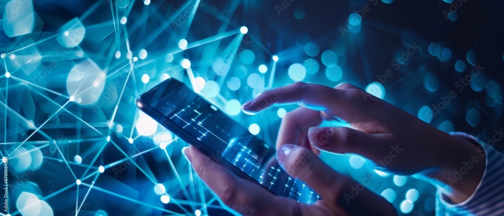 Poster hand using smartphone with digital technology data communication network and telecommunication conce