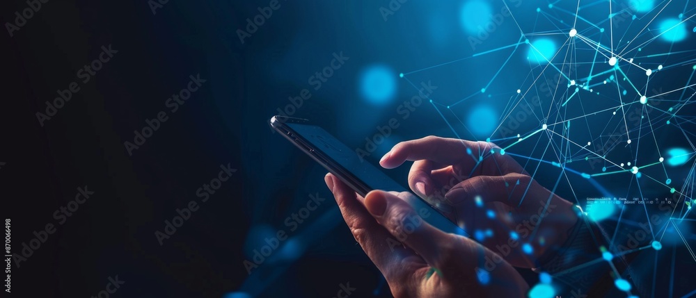 Poster hand using smartphone with digital technology data communication network and telecommunication conce