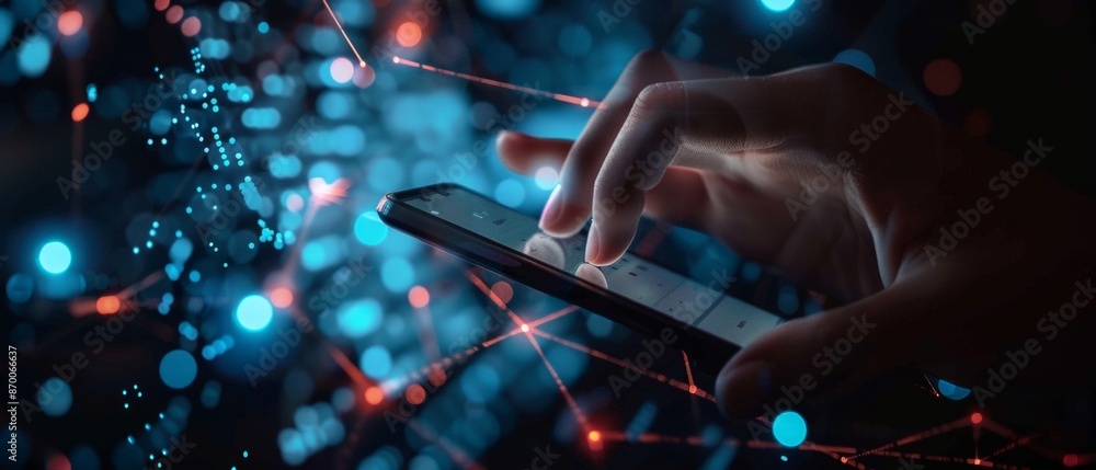 Poster hand using smartphone with digital technology data communication network and telecommunication conce