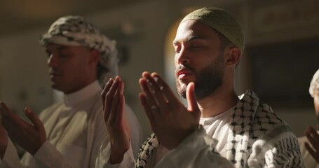 Praying, muslim and people with open hands in mosque for spiritual reading, religious worship and Urdu. Islamic group, palms or holy building for Gaza hope, faith and trust in community solidarity