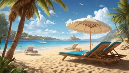 Summer Background Tranquil Beach Scene with Palm Trees and Sailboats Under a Clear Sky
