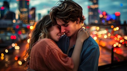 Fototapeta premium Urban Romance - Young Couple Embracing in City Lights
