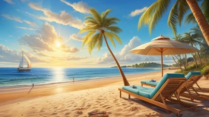Summer Background Tranquil Beach Scene with Palm Trees and Sailboats Under a Clear Sky