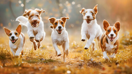 A delightful group of energetic and mischievous puppies joyfully running jumping and playing together in a lush blurred meadow capturing the essence of pure canine and unbridled enthusiasm