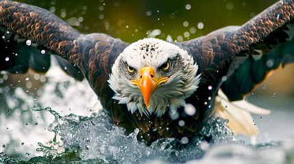 Extreme Closeup of a Majestic Bald Eagle Spreading its Powerful Wings to Catch a Salmon Fish in a Dramatic Action Shot